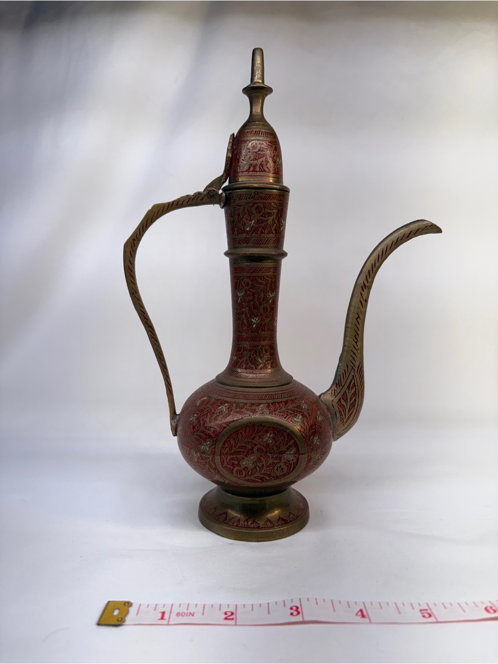 Vintage Etched Brass Aftaba Teapot Ewer Red Enamel Detail